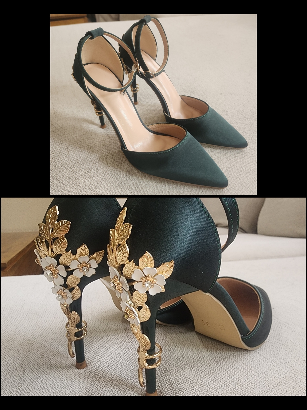 Emerald Green Satin Ankle-Strap Pumps with Gold Floral Heel (Sz 7.5-8 [CN38])